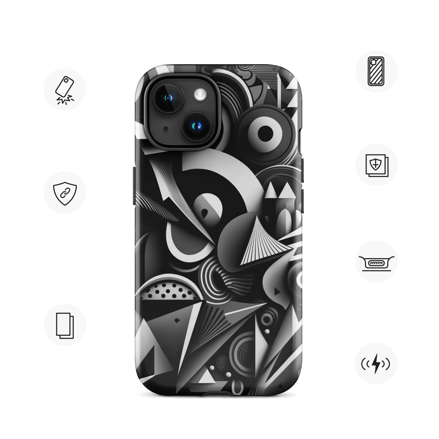 Tough Phone Case for iPhone® 15 | Black'n White Abstract Shapes 3