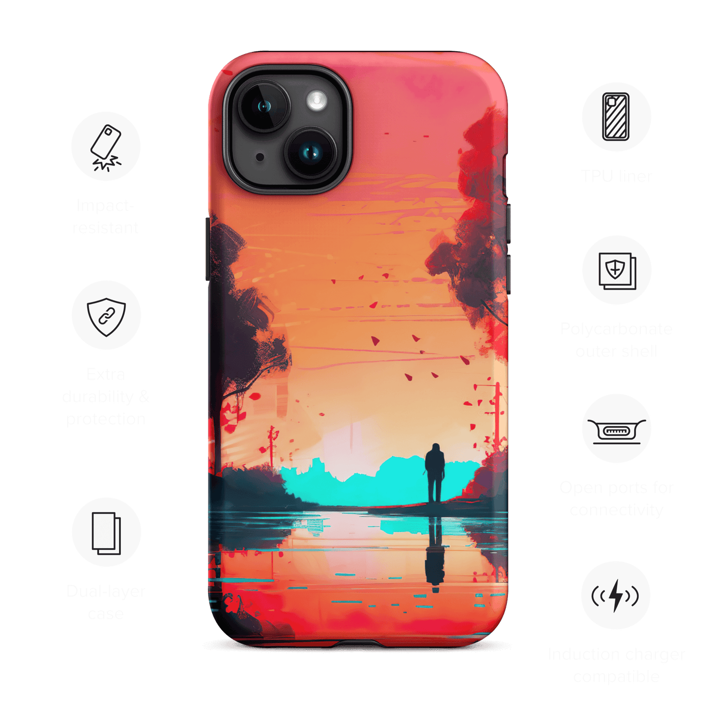 Tough Phone Case for iPhone® 15 | Colorful Red Sunrise on reflecting Water