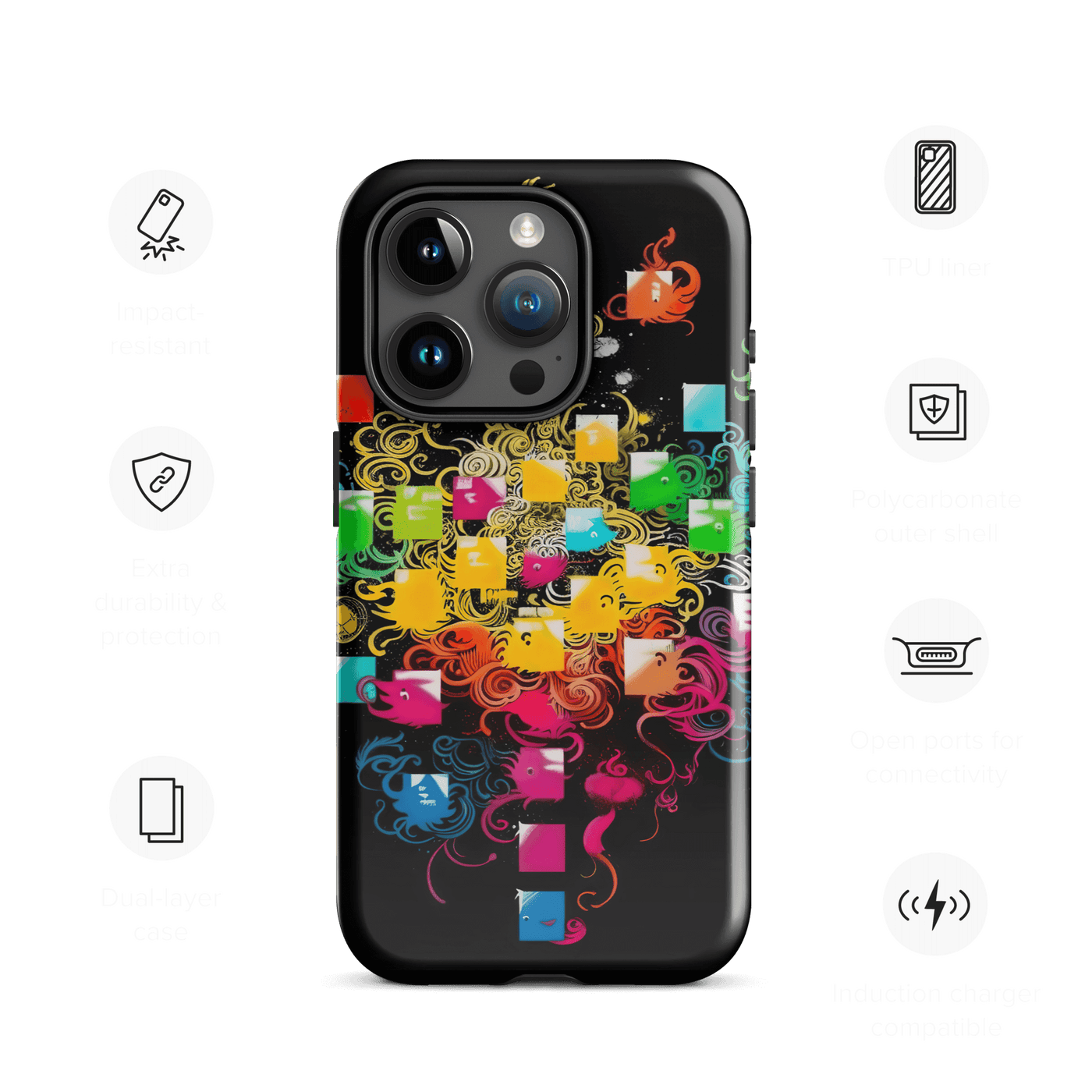 Tough Phone Case for iPhone® 15 | Colorful Squares & Shapes