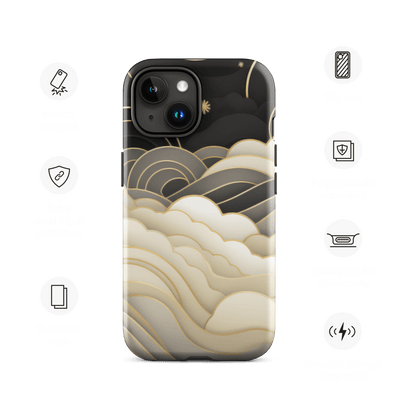 Tough Phone Case for iPhone® 15 | Golden Black Clouds