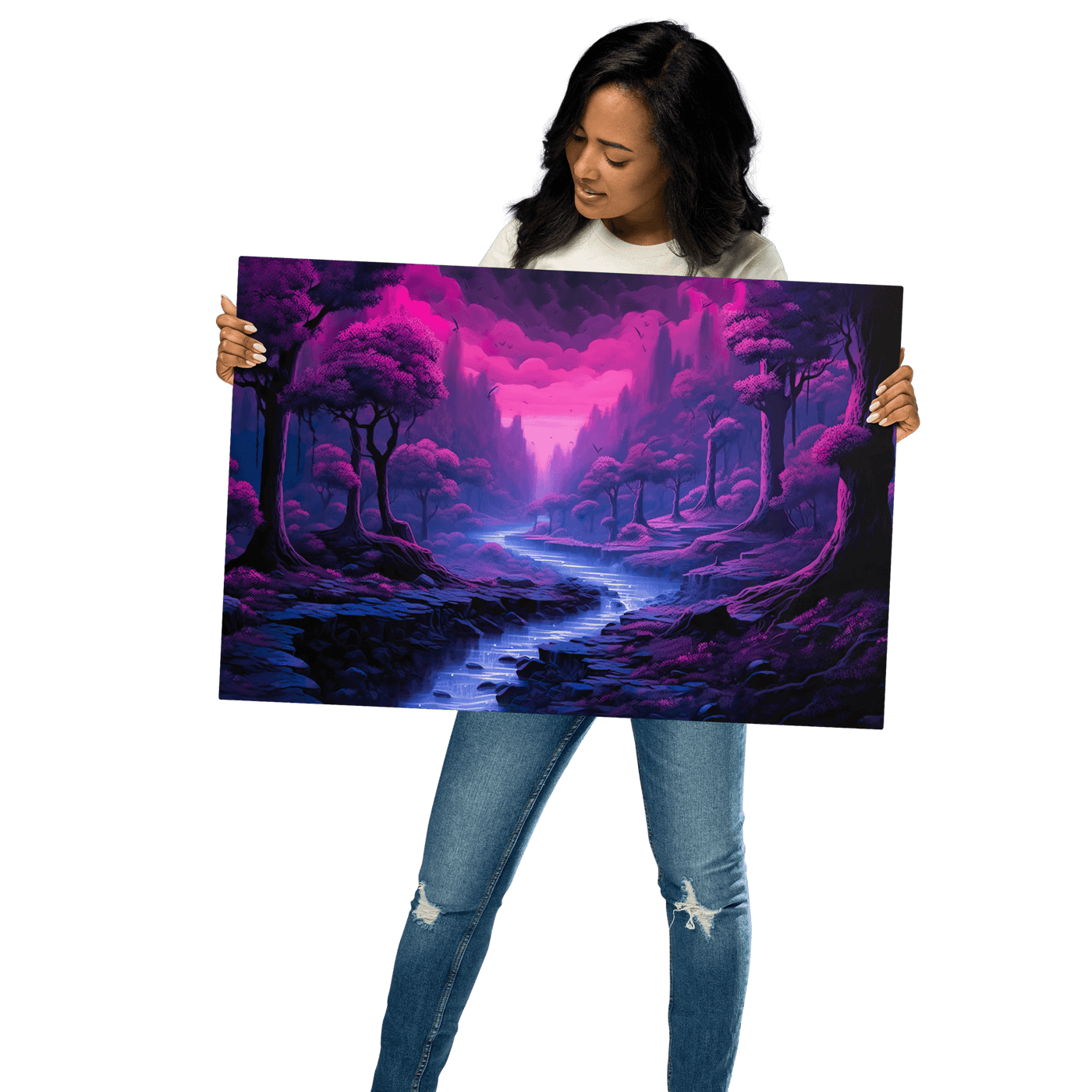 Glossy Metal Print | Purple Stream in a Dark Forest