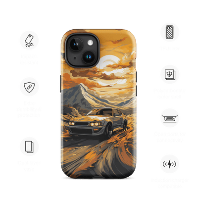 Tough Phone Case for iPhone® 15 | Yellow Racing Car on Clouded Sunset