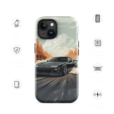 Tough Phone Case for iPhone® 15 | Black Racing Car on the Road
