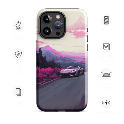 Tough Phone Case for iPhone® 15 | Pink Racing Car Mountain View