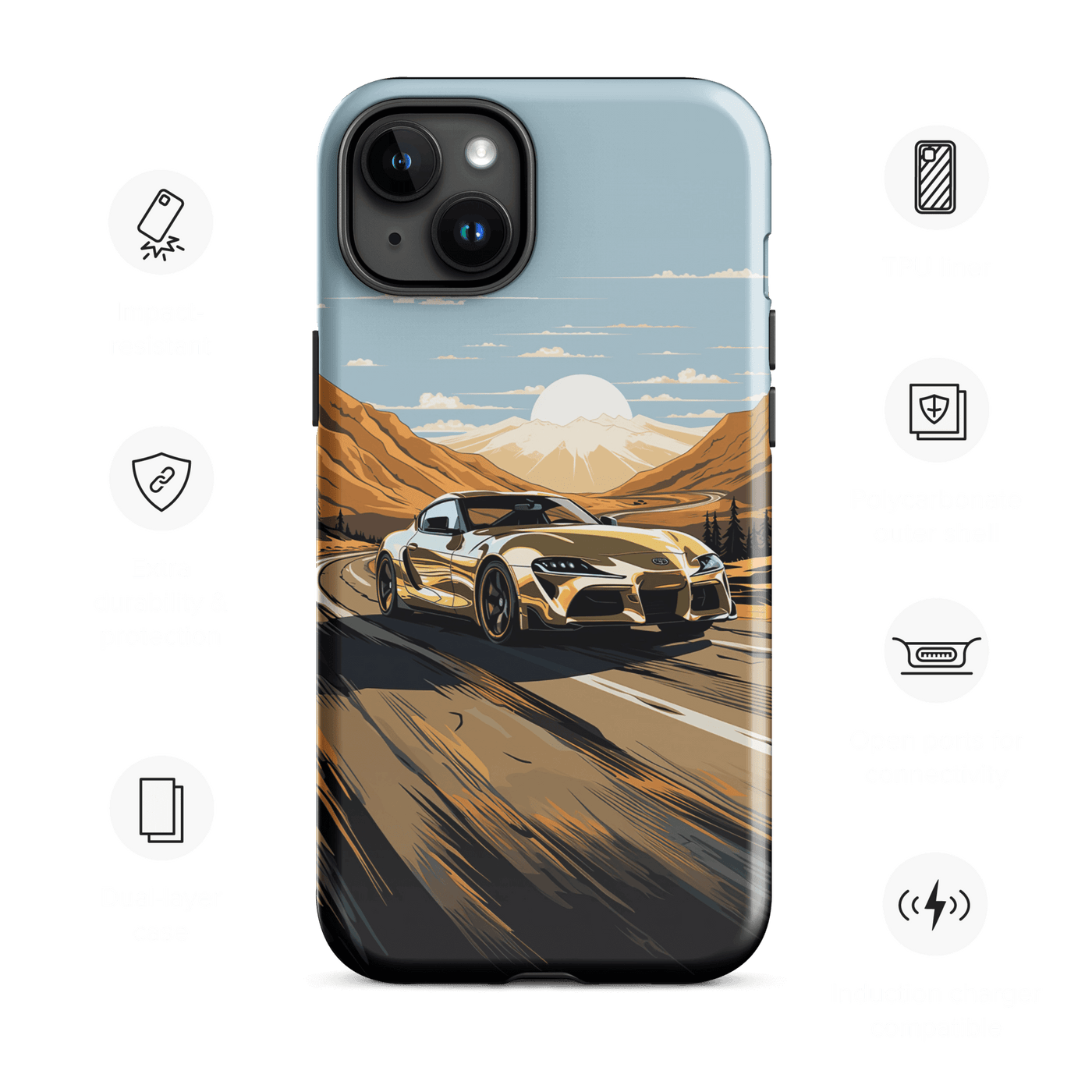Tough Phone Case for iPhone® 15 | Golden Car riding on Desert