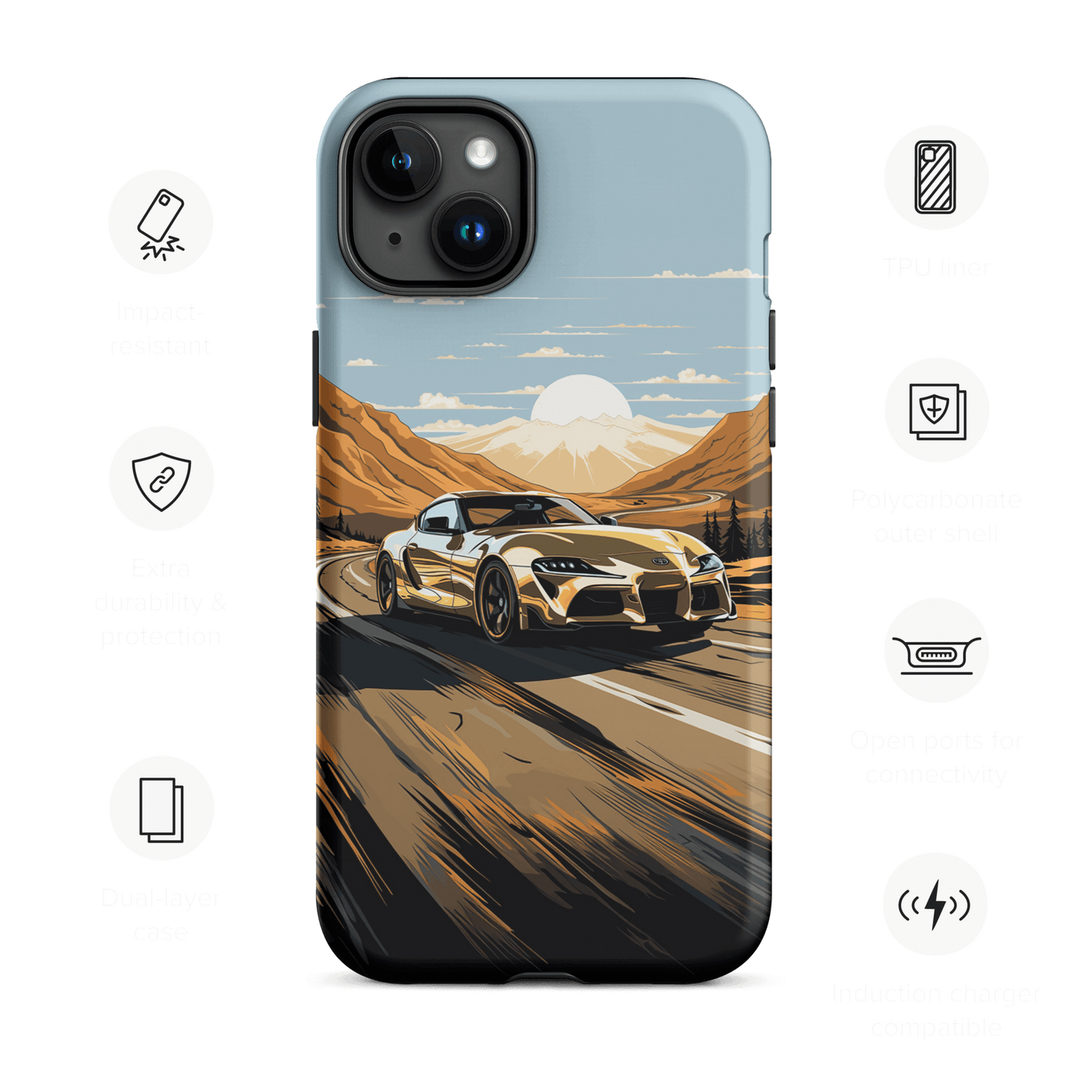 Tough Phone Case for iPhone® 15 | Golden Car riding on Desert