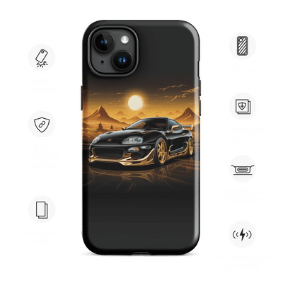 Tough Phone Case for iPhone® 15 | Golden Racing Car infront of Desert Sunset