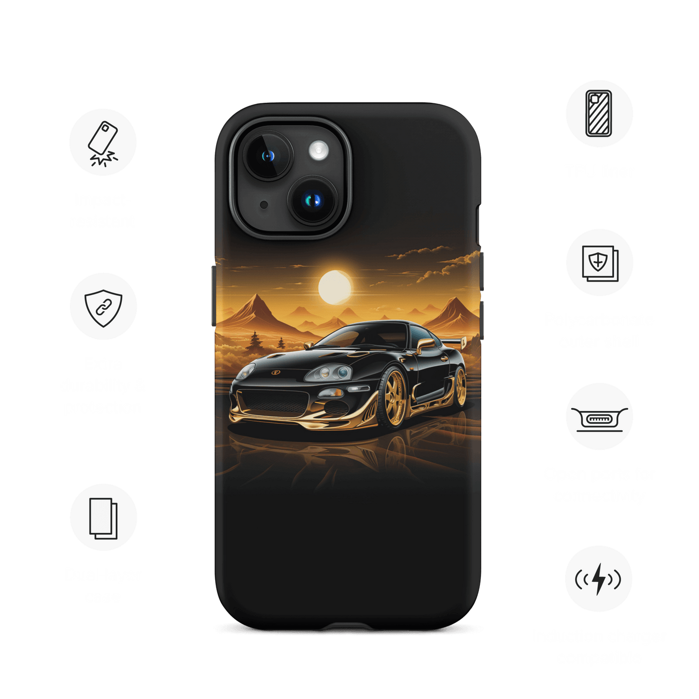Tough Phone Case for iPhone® 15 | Golden Racing Car infront of Desert Sunset