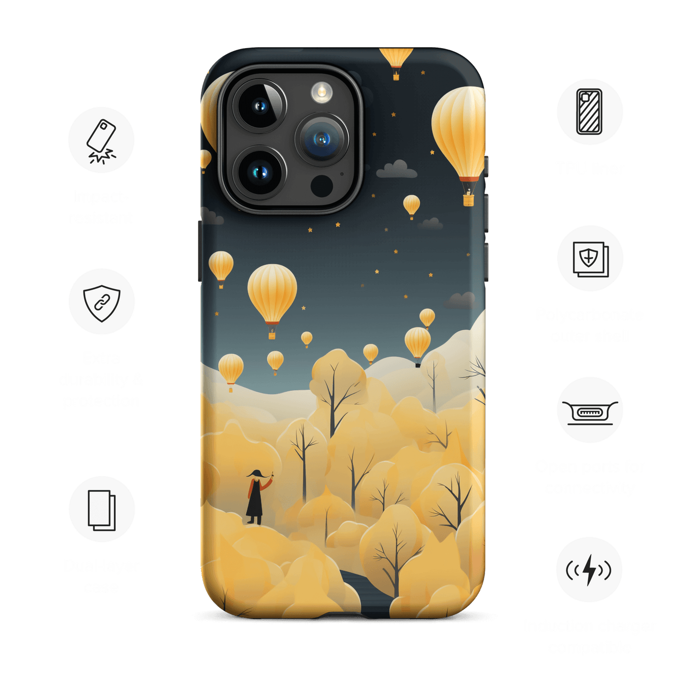 Tough Phone Case for iPhone® 15 | Travelling Balloons Nighttime