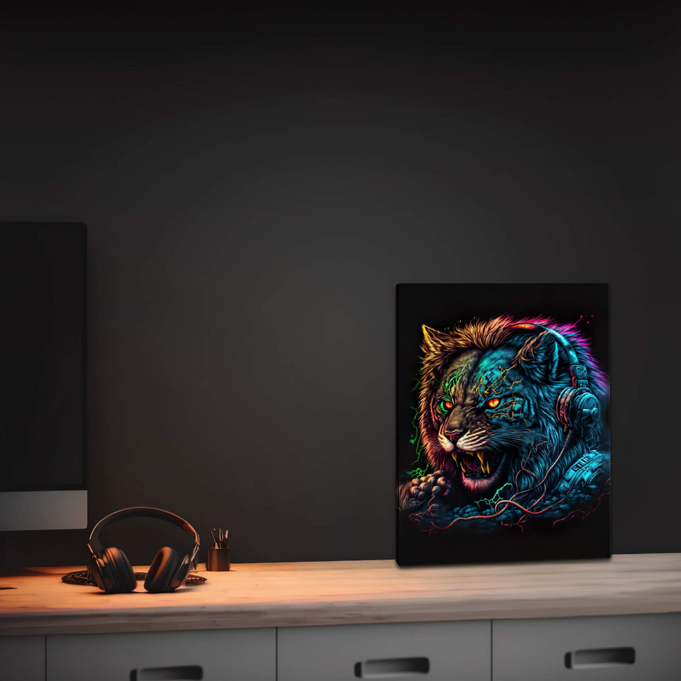 Slim Canvas | Luminous Lion wearing Gaming Headset