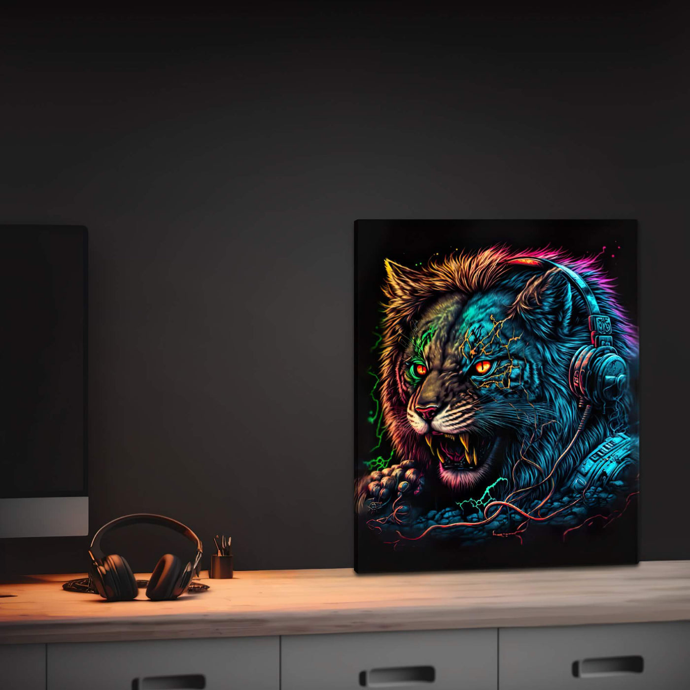 Slim Canvas | Luminous Lion wearing Gaming Headset