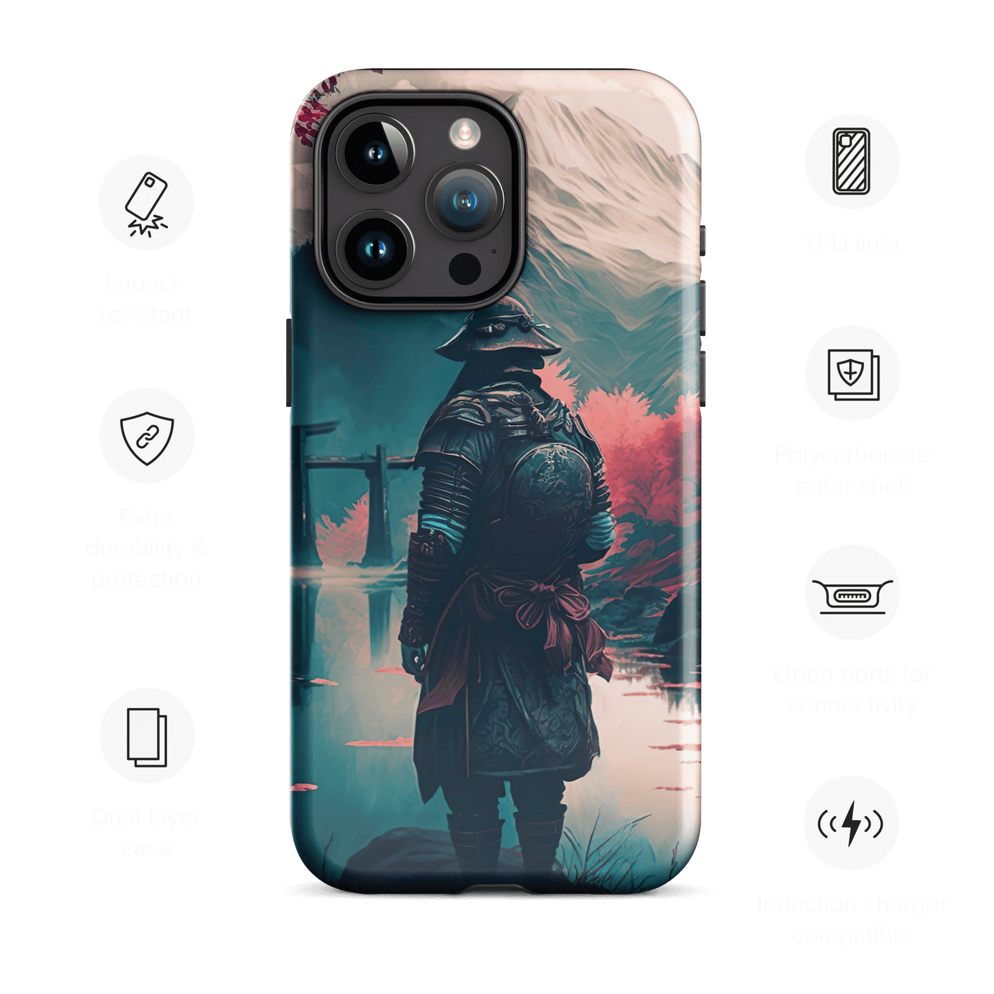 Tough Phone Case for iPhone® 15 | Samurai on the River Mountain background