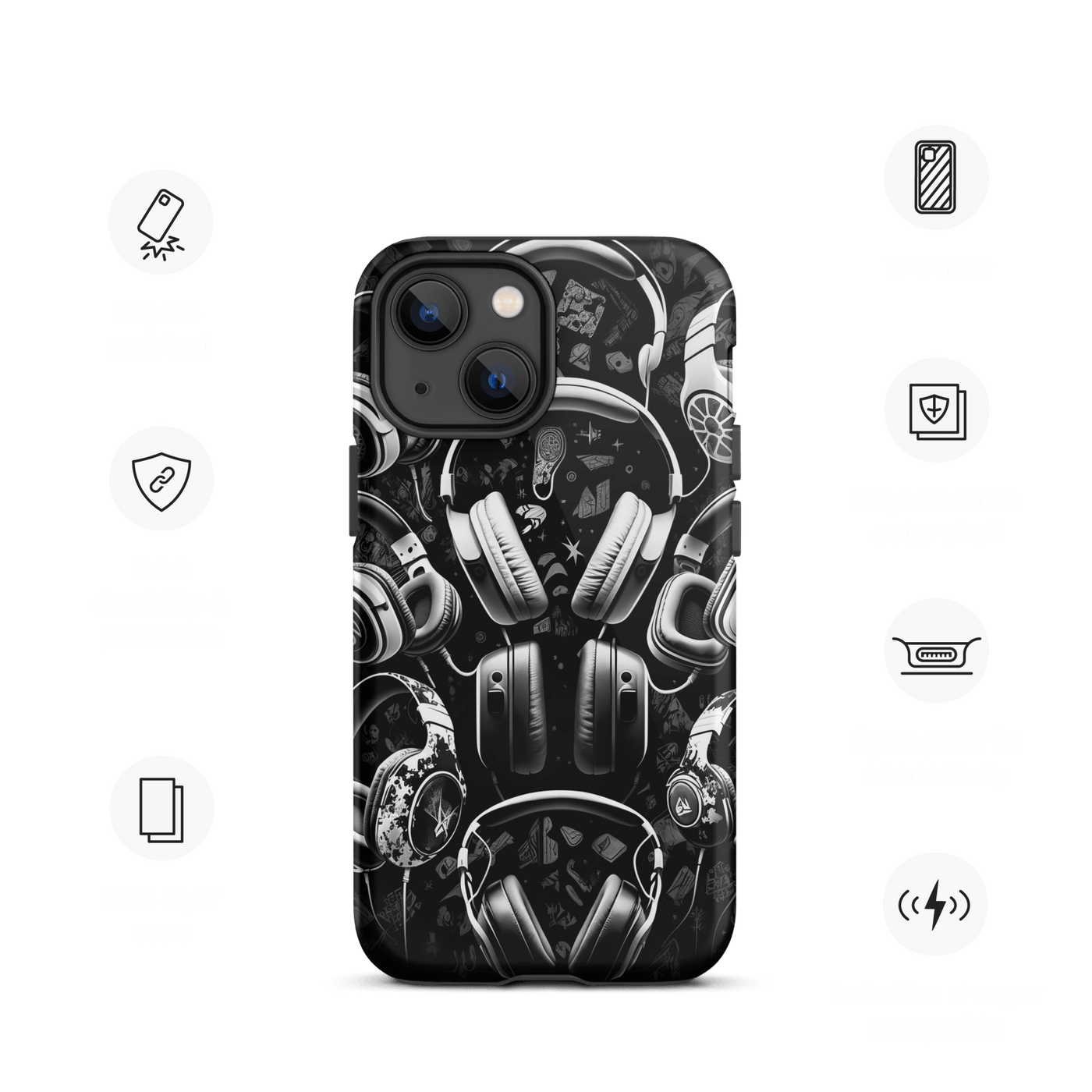 Tough Mobile Case for iPhone® | Gaming Headphone Patterns Black'n White