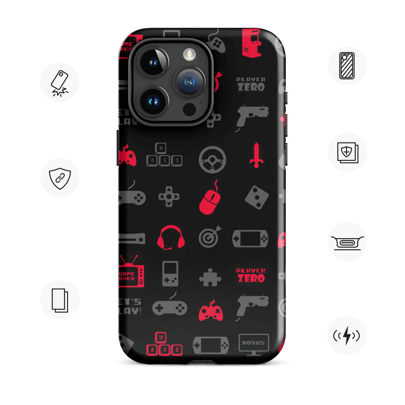 Tough Phone Case for iPhone® 15 | Red Gaming Icon Symbol Patterns
