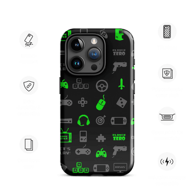 Tough Phone Case for iPhone® 15 | Luminous Green Gaming Icon Symbol Patterns