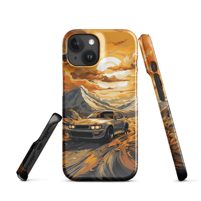 Snap Phone Case for iPhone® 15 | Yellow Racing Car on Clouded Sunset