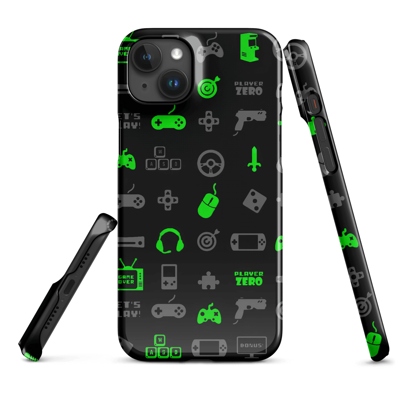 Snap Phone Case for iPhone® 15 | Luminous Green Gaming Icon Symbol Patterns