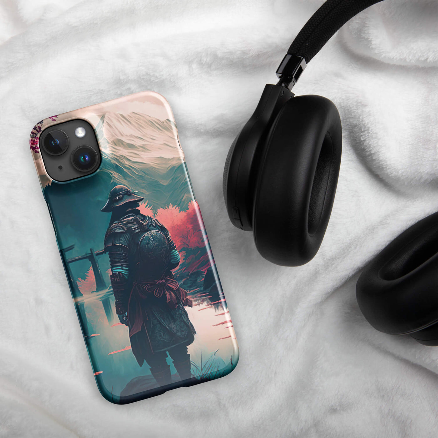 Snap Phone Case for iPhone® 15 | Samurai on the River Mountain background