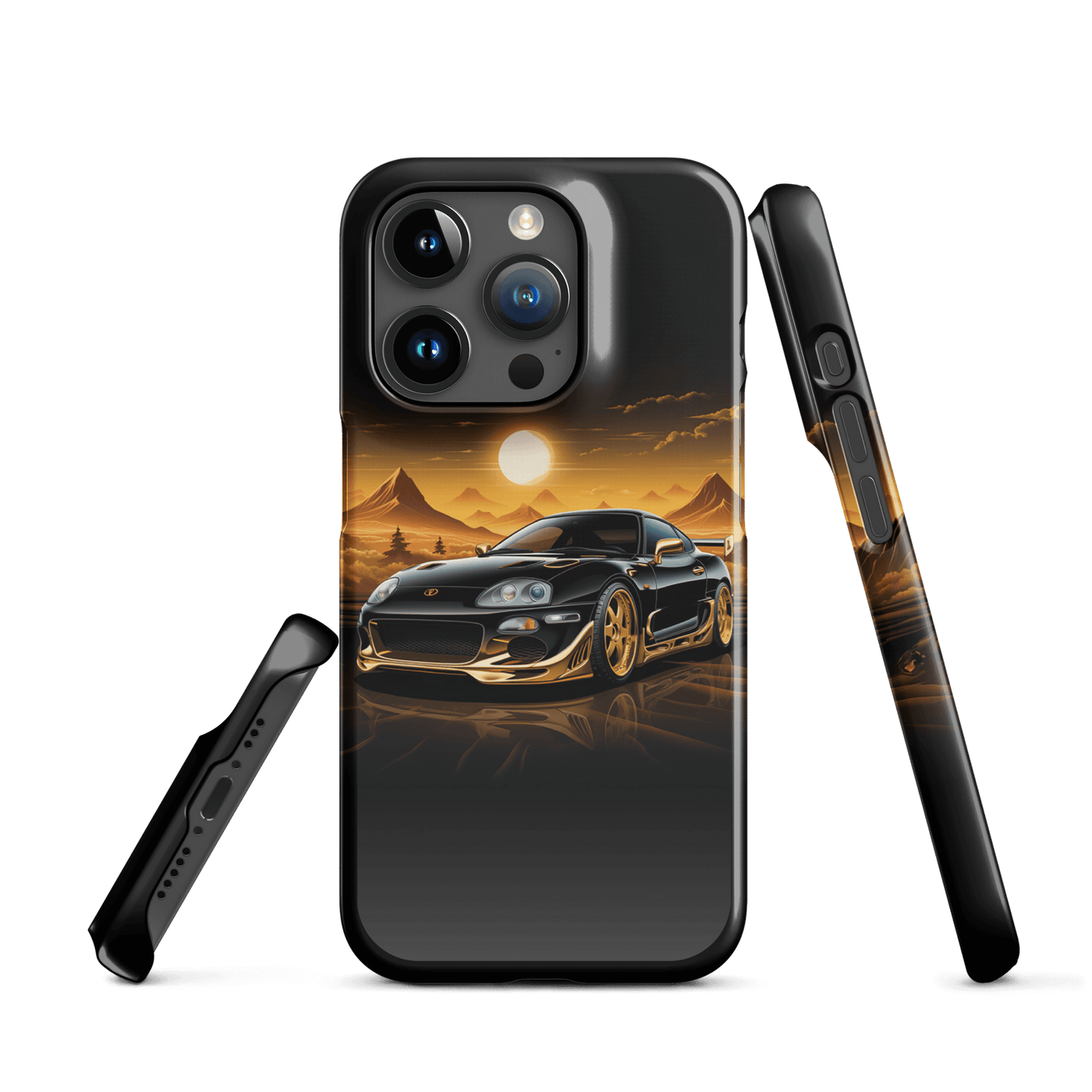 Snap Phone Case for iPhone® 15 | Golden Racing Car infront of Desert Sunset