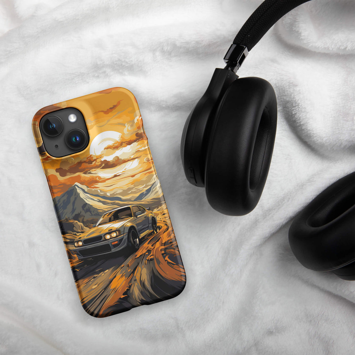 Snap Phone Case for iPhone® 15 | Yellow Racing Car on Clouded Sunset