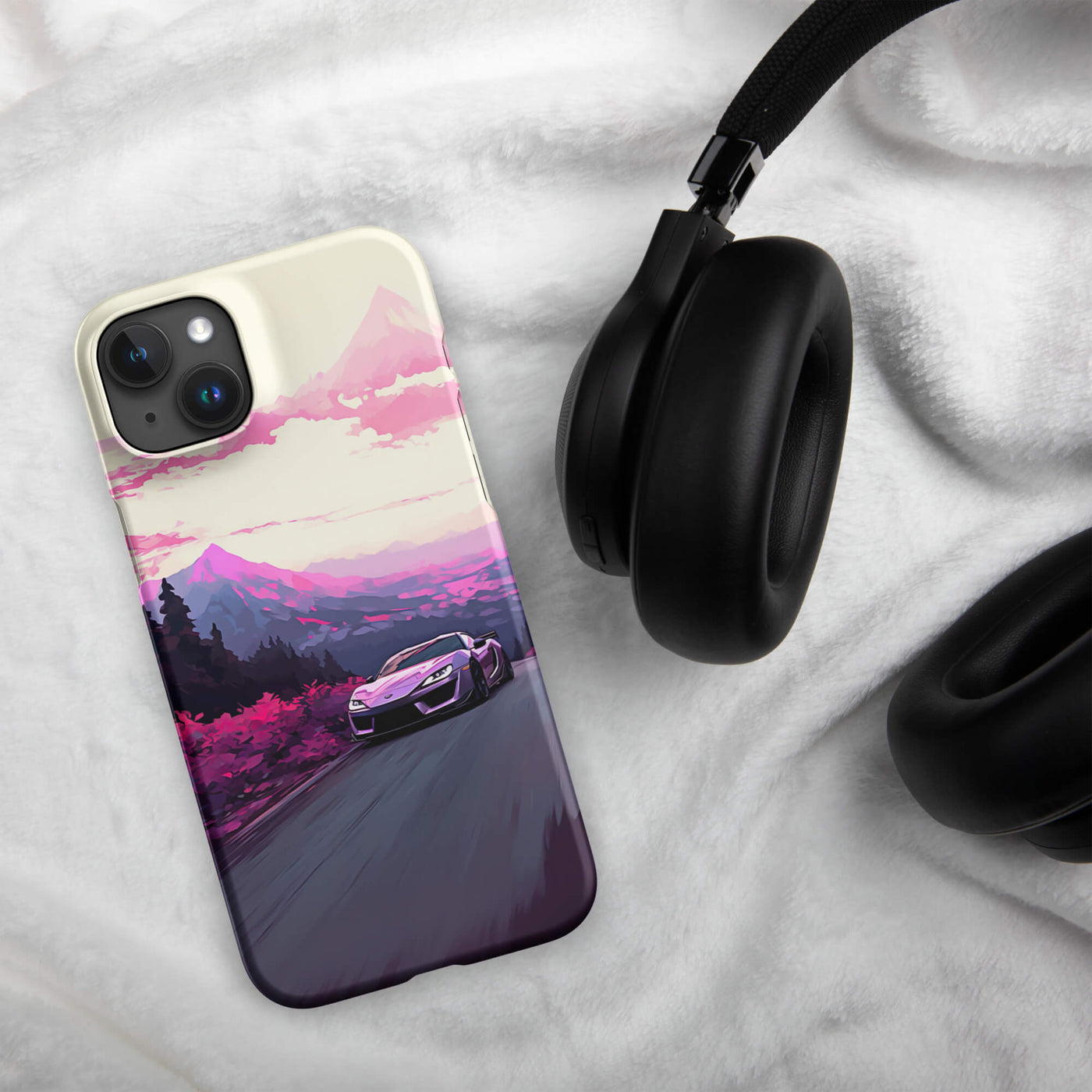 Snap Phone Case for iPhone® 15 | Pink Racing Car Mountain View