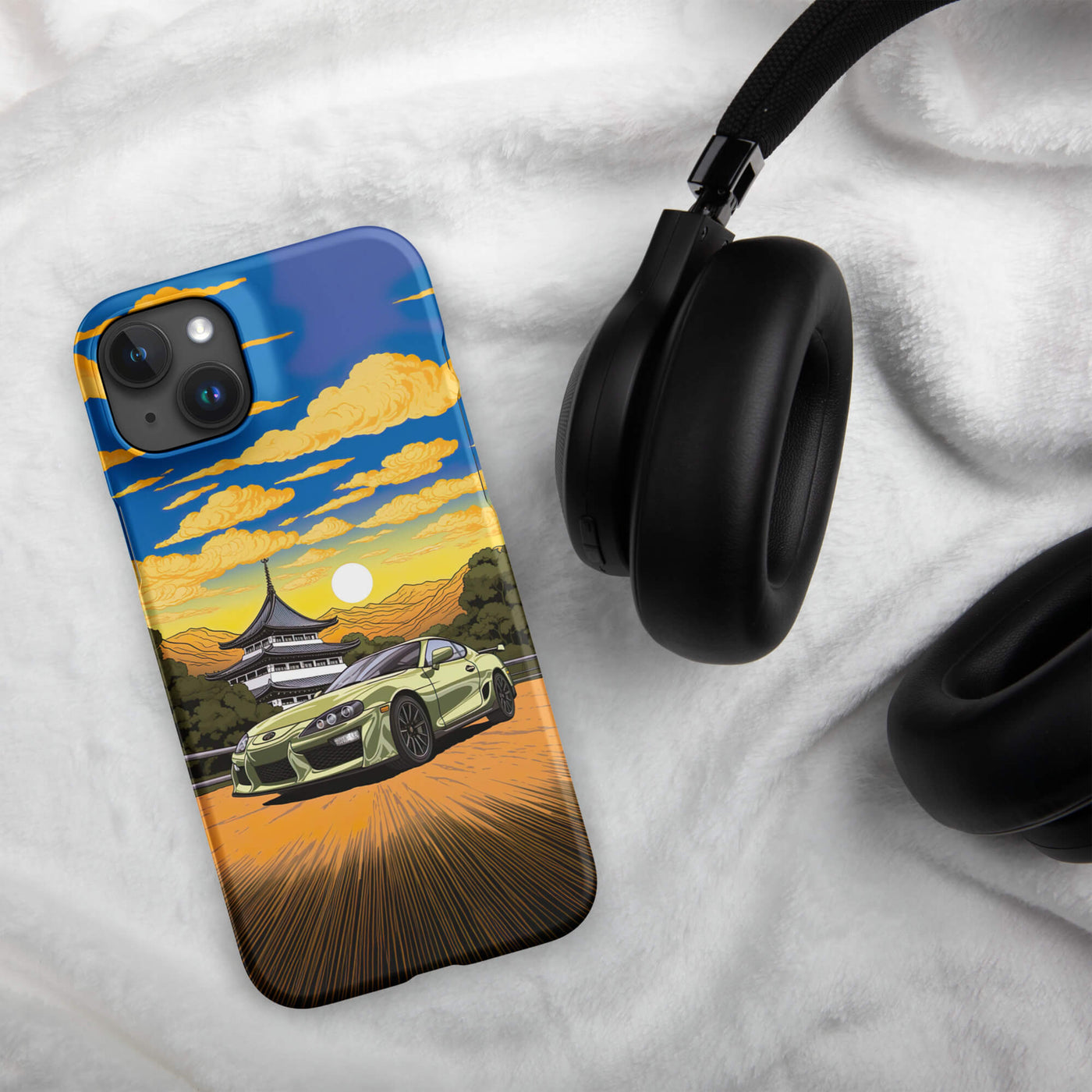 Snap Phone Case for iPhone® 15 | Light Green Racing Car infront of Temple