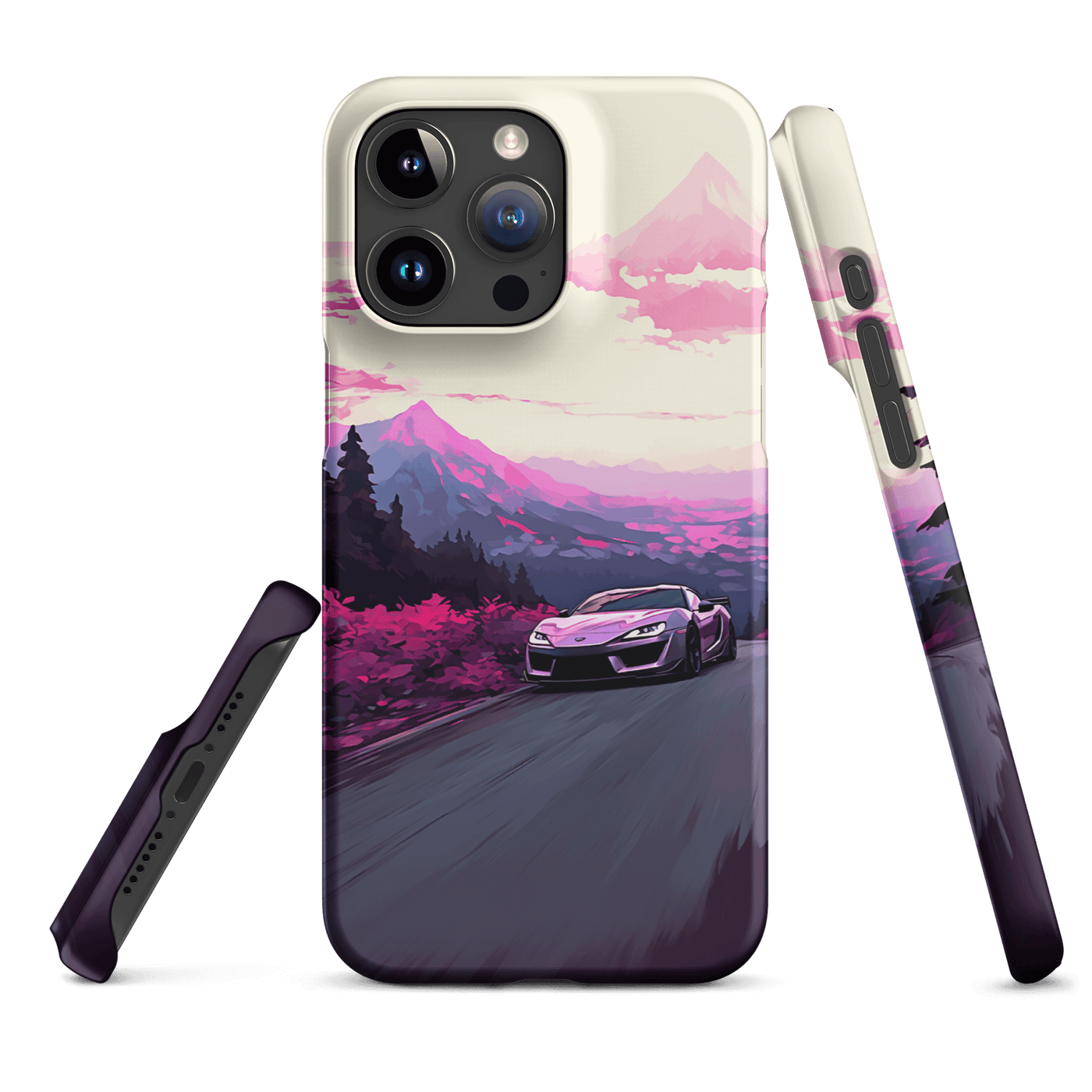 Snap Phone Case for iPhone® 15 | Pink Racing Car Mountain View
