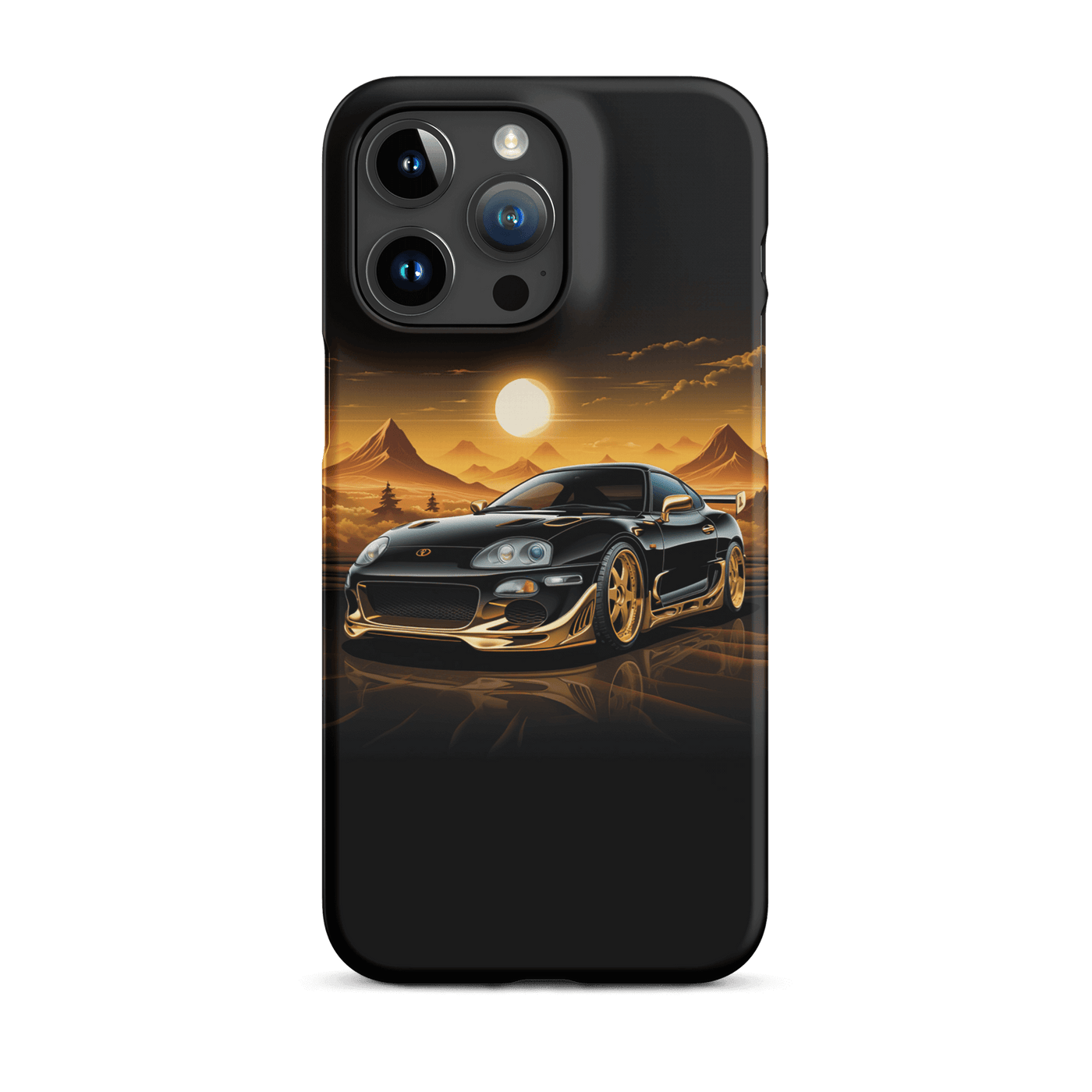 Snap Phone Case for iPhone® 15 | Golden Racing Car infront of Desert Sunset