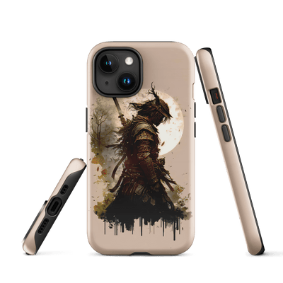 Tough Phone Case for iPhone® 15 | Samurai infront of Moon Brown Japanese Art