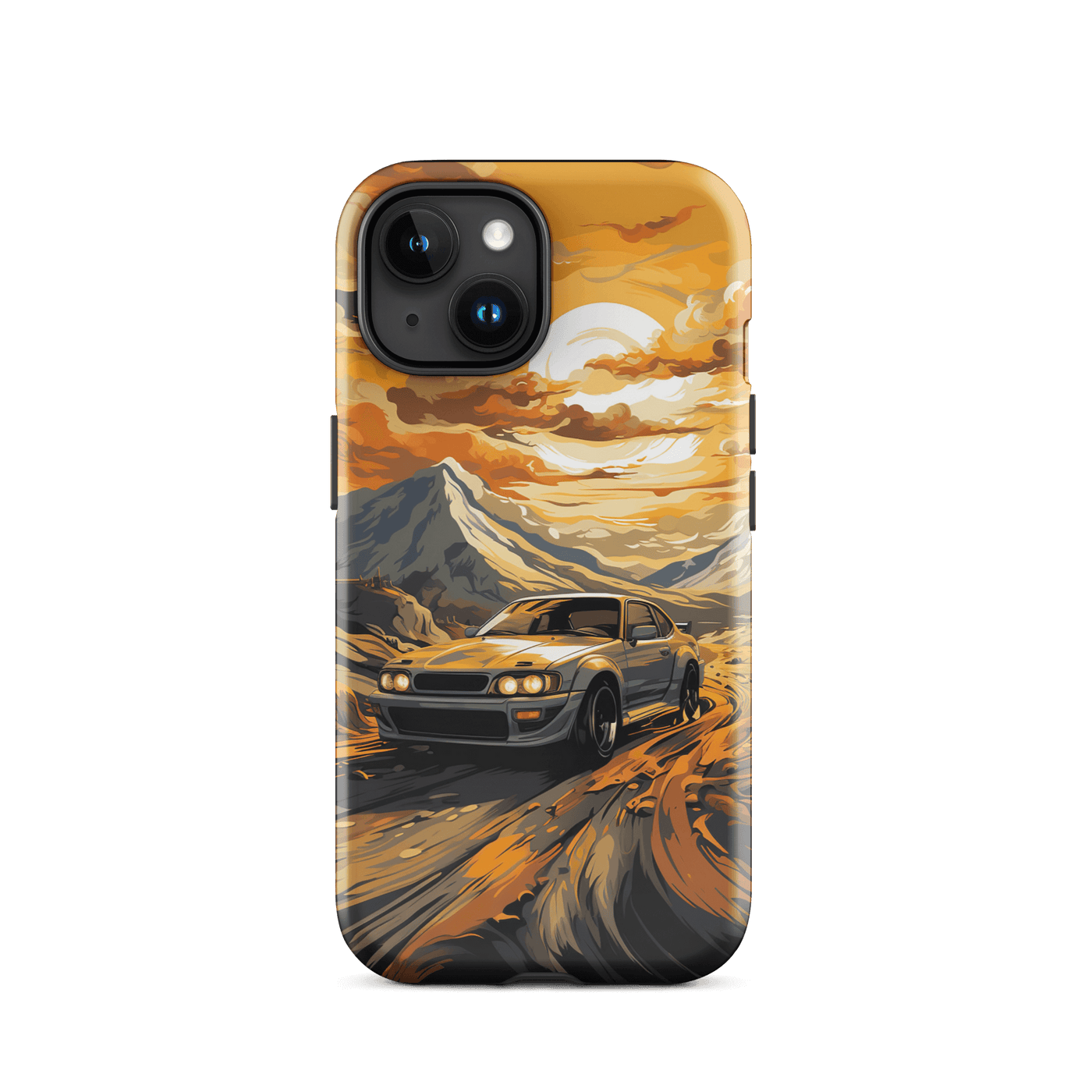 Tough Phone Case for iPhone® 15 | Yellow Racing Car on Clouded Sunset