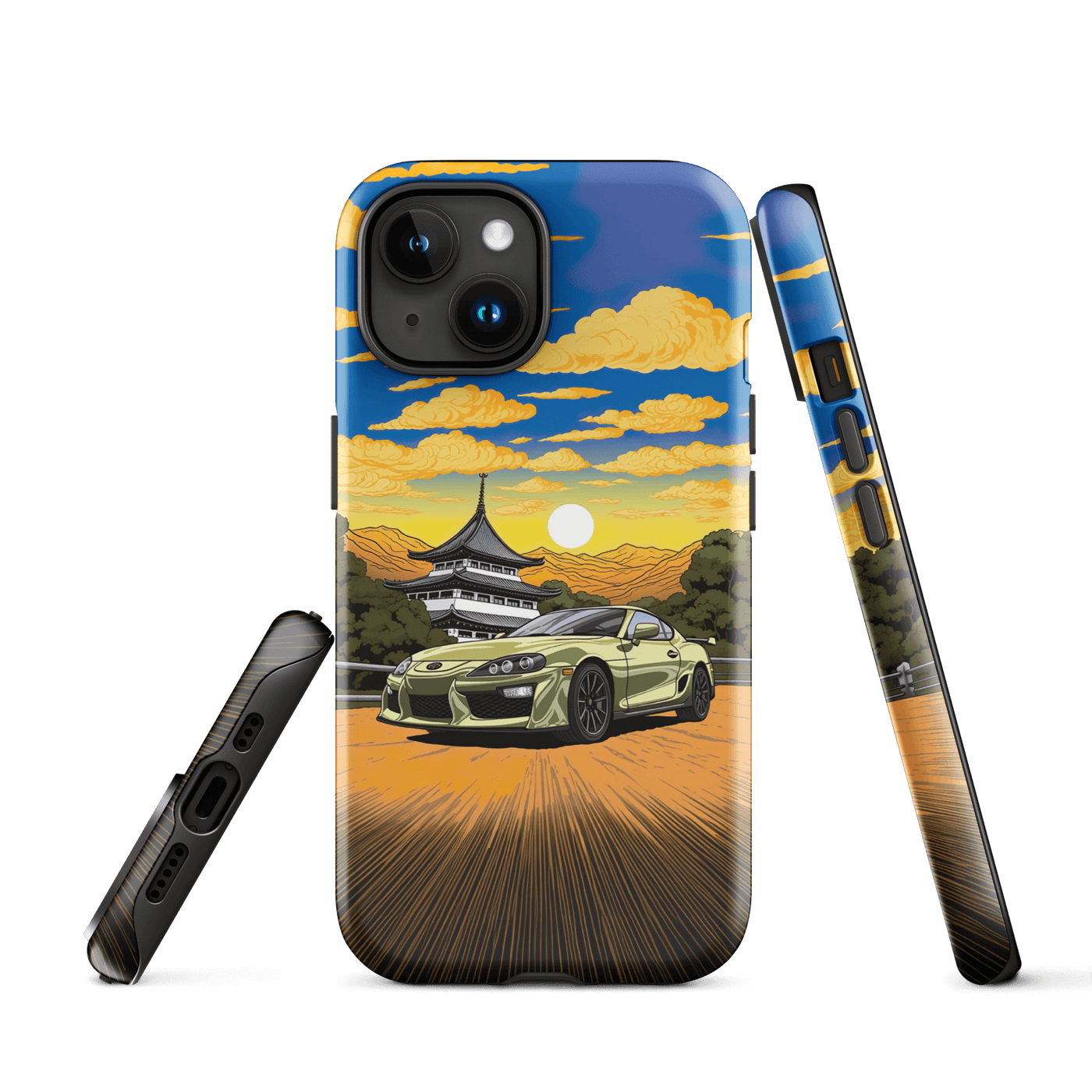 Tough Phone Case for iPhone® 15 | Light Green Racing Car infront of Temple