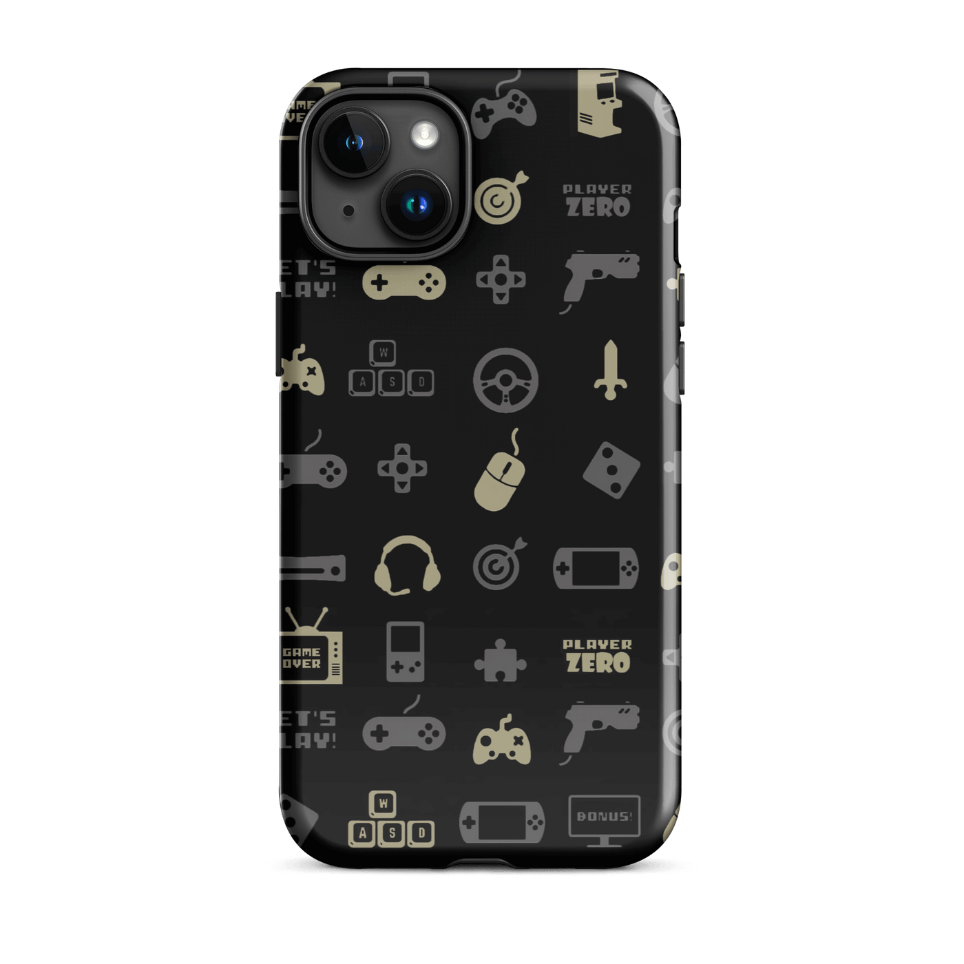 Tough Phone Case for iPhone® 15 | Luxurious Yellow Gaming Icon Symbol Patterns
