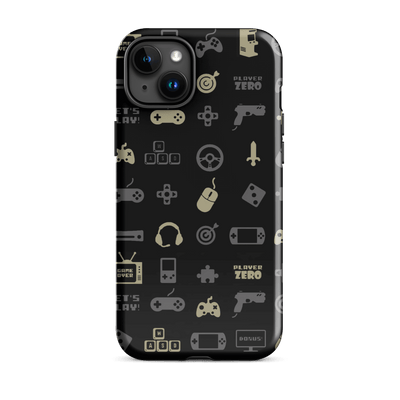 Tough Phone Case for iPhone® 15 | Luxurious Yellow Gaming Icon Symbol Patterns