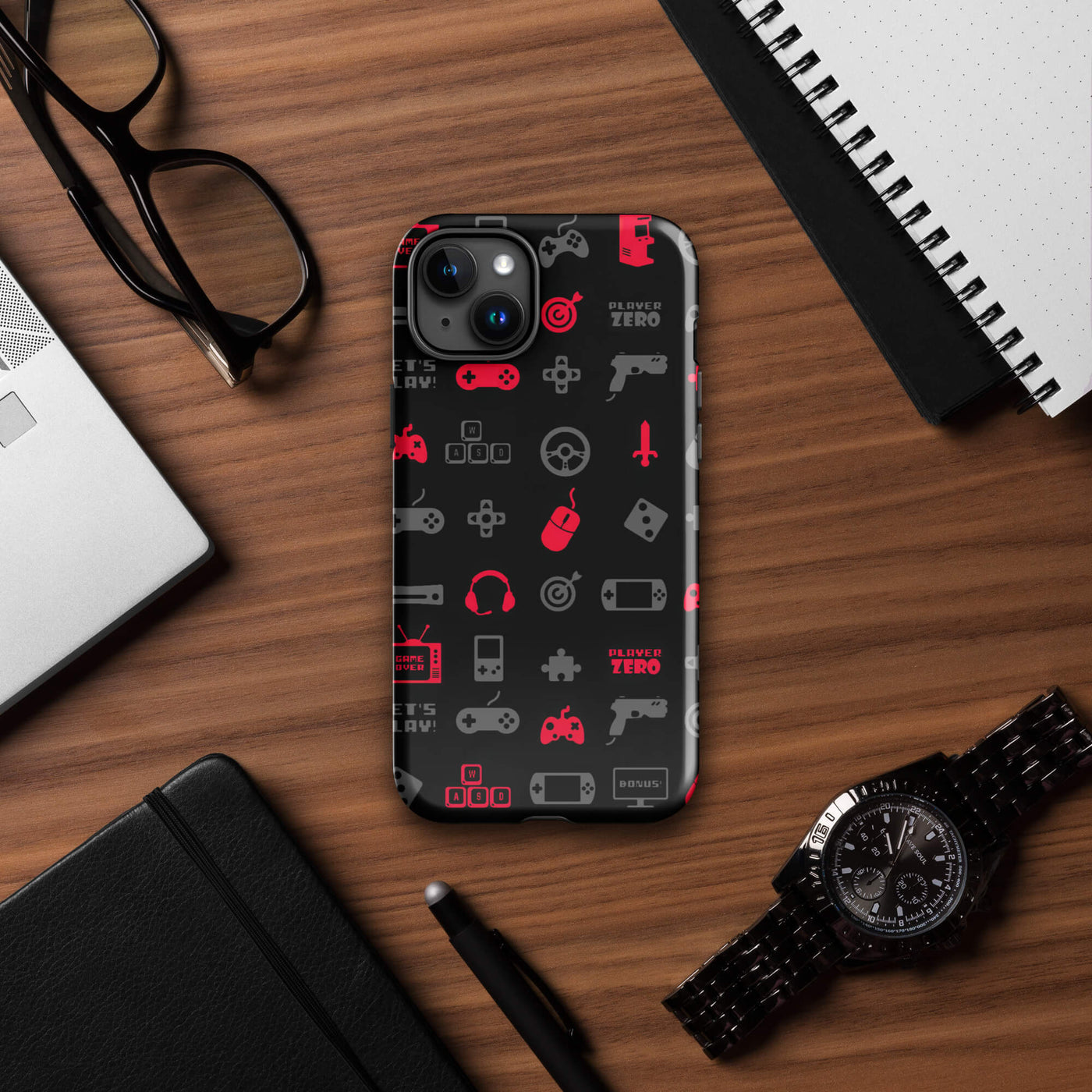 Tough Phone Case for iPhone® 15 | Red Gaming Icon Symbol Patterns