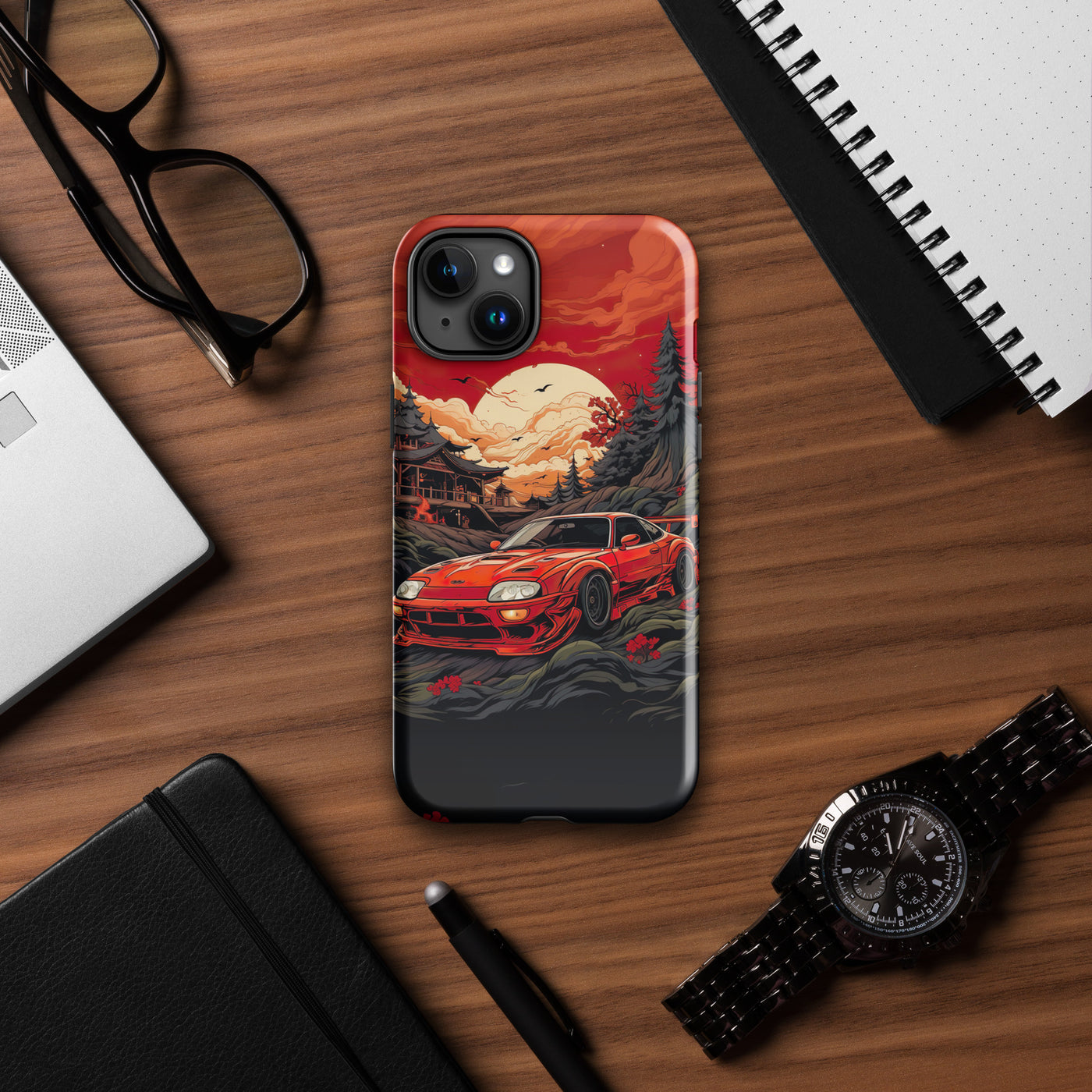 Tough Phone Case for iPhone® 15 | Red Racing Car matching with Forest