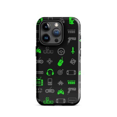 Tough Phone Case for iPhone® 15 | Luminous Green Gaming Icon Symbol Patterns