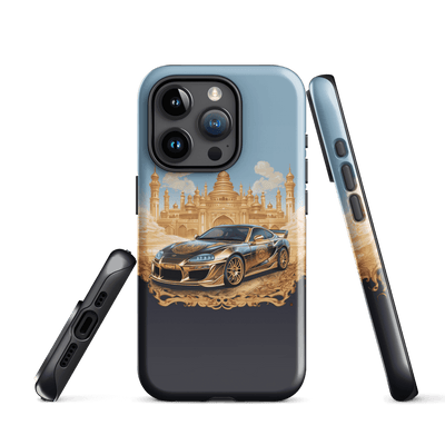 Tough Phone Case for iPhone® 15 | Golden Racing Car infront of Palast
