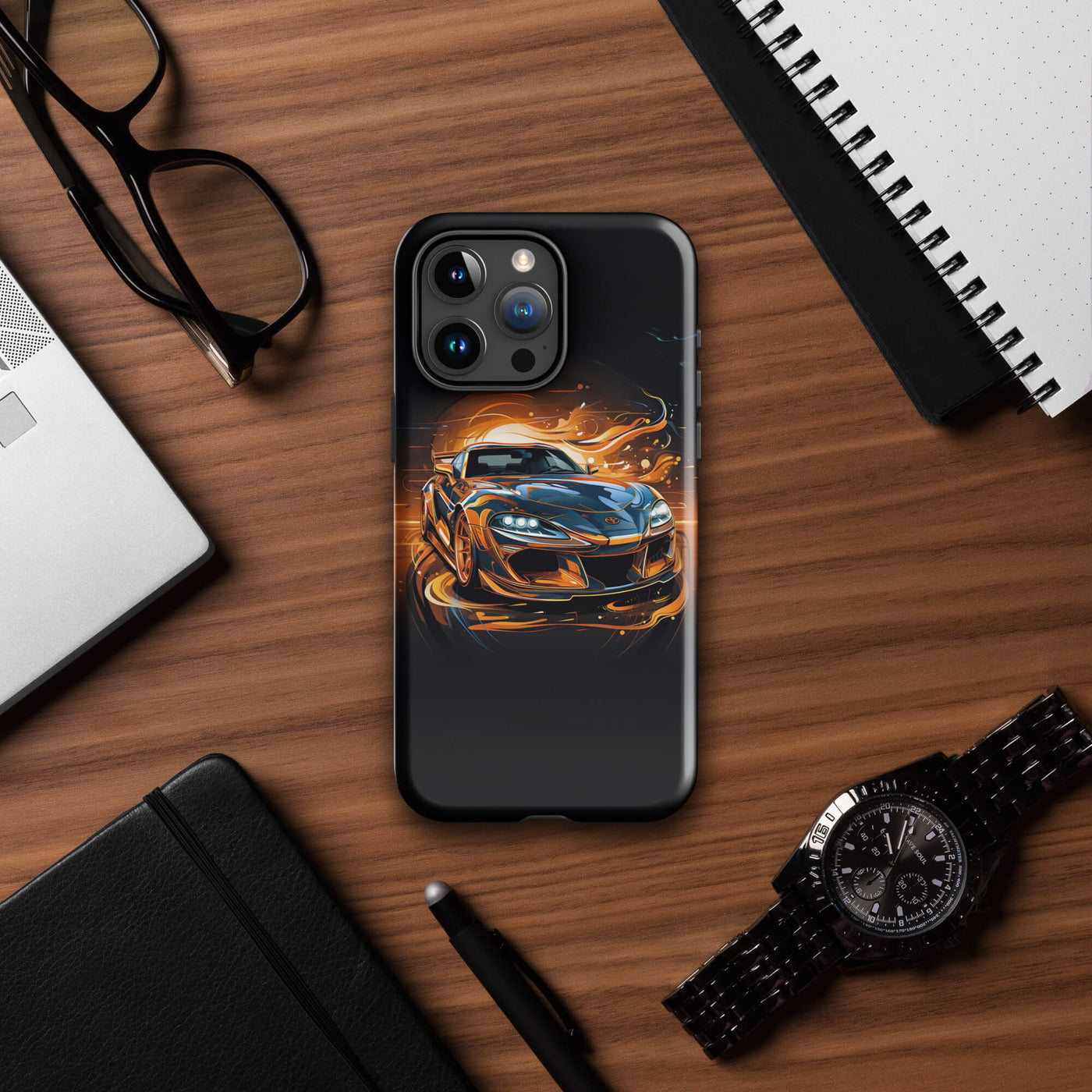 Tough Phone Case for iPhone® 15 | Golden Racing Car melting in Sunset