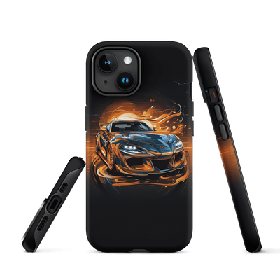 Tough Phone Case for iPhone® 15 | Golden Racing Car melting in Sunset