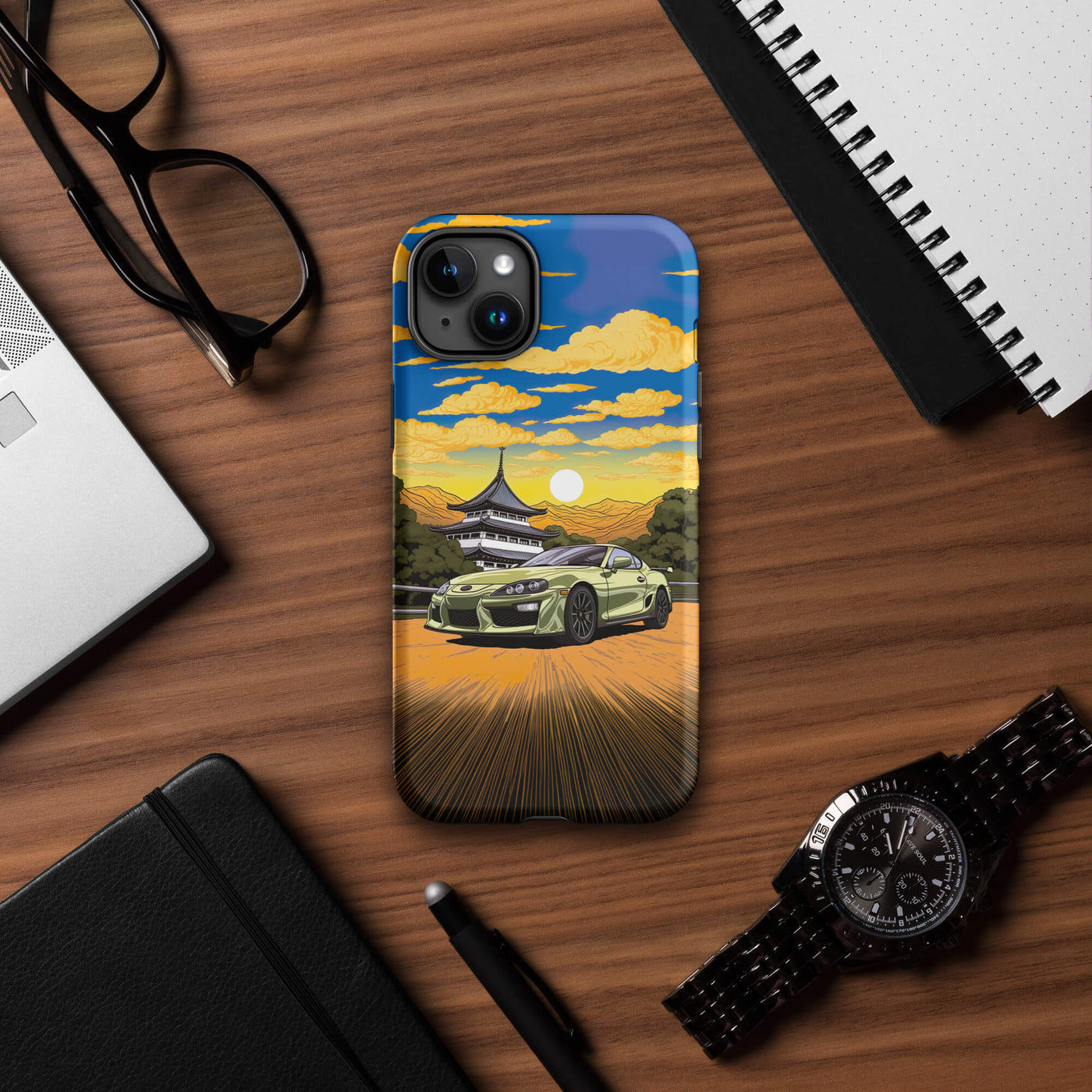 Tough Phone Case for iPhone® 15 | Light Green Racing Car infront of Temple