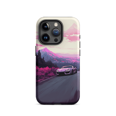 Tough Phone Case for iPhone® 15 | Pink Racing Car Mountain View
