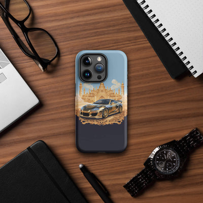 Tough Phone Case for iPhone® 15 | Golden Racing Car infront of Palast