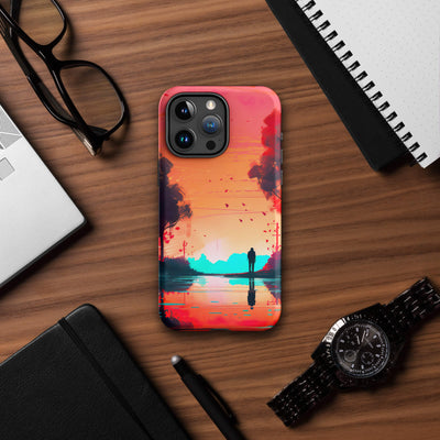 Tough Phone Case for iPhone® 15 | Colorful Red Sunrise on reflecting Water