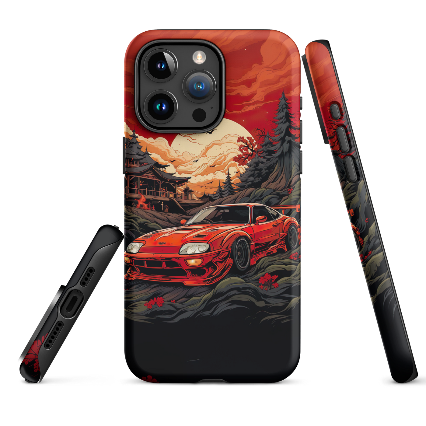 Tough Phone Case for iPhone® 15 | Red Racing Car matching with Forest
