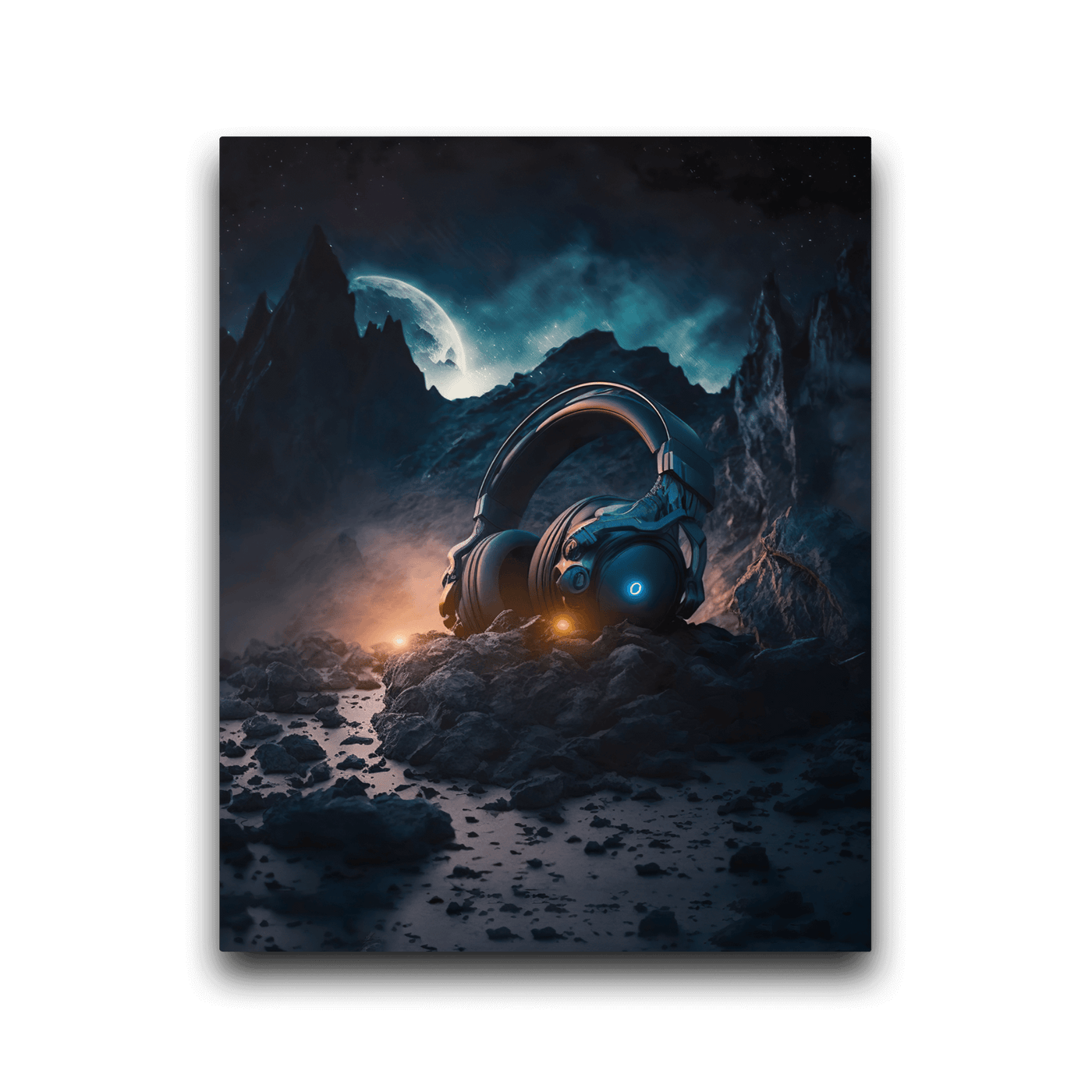 Glossy Metal Print | Gaming Headset on a Rock Luminous Moon