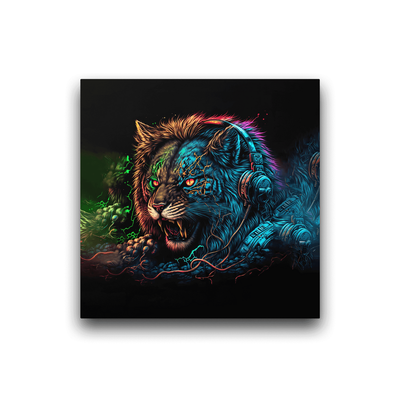 Glossy Metal Print | Luminous Lion wearing Gaming Headset
