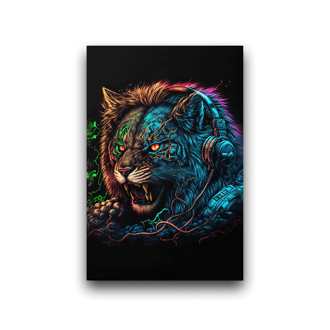 Glossy Metal Print | Luminous Lion wearing Gaming Headset