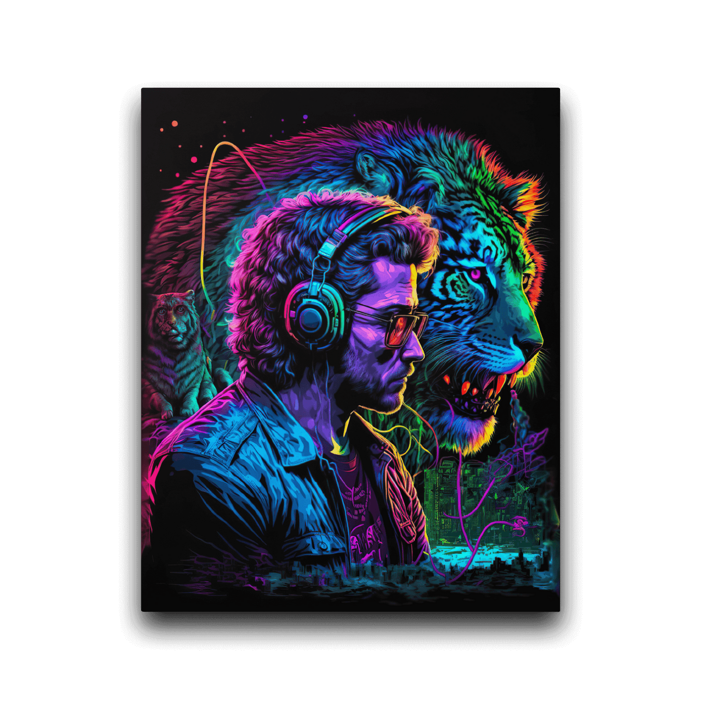 Glossy Metal Print | Neon Light Gamer & Lion