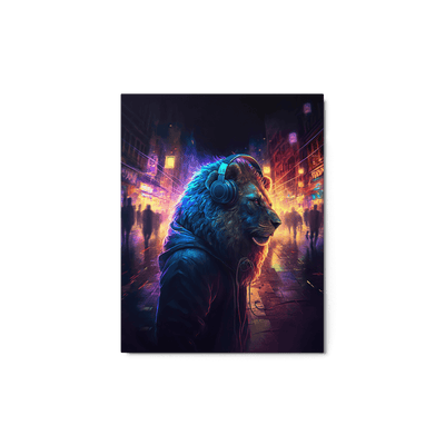 Glossy Metal Print | Lion with Headset on Shining Street