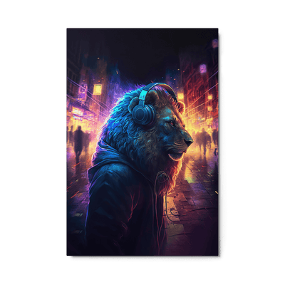Glossy Metal Print | Lion with Headset on Shining Street